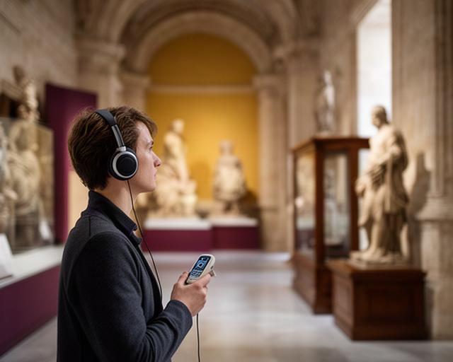 Visitante escuchando una audioguía frente a una sala histórica de un museo de Valencia