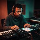 Bobakr Tordeur trabajando con un controlador y sintetizadores en el estudio