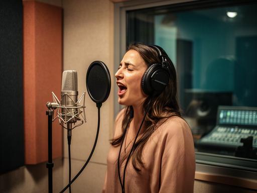 Cantante grabando una toma vocal dentro de una cabina insonorizada en Valencia