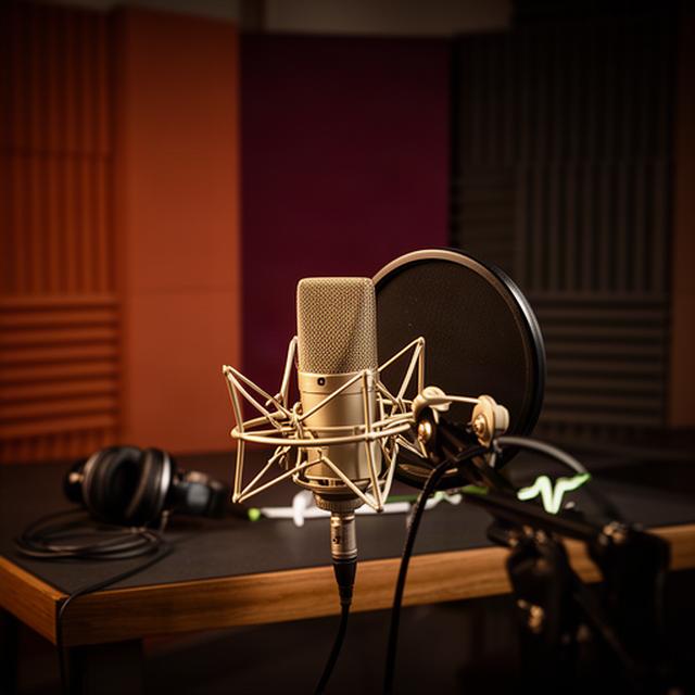 Micrófono de estudio frente a una mesa de podcast en una sala insonorizada de Picanya