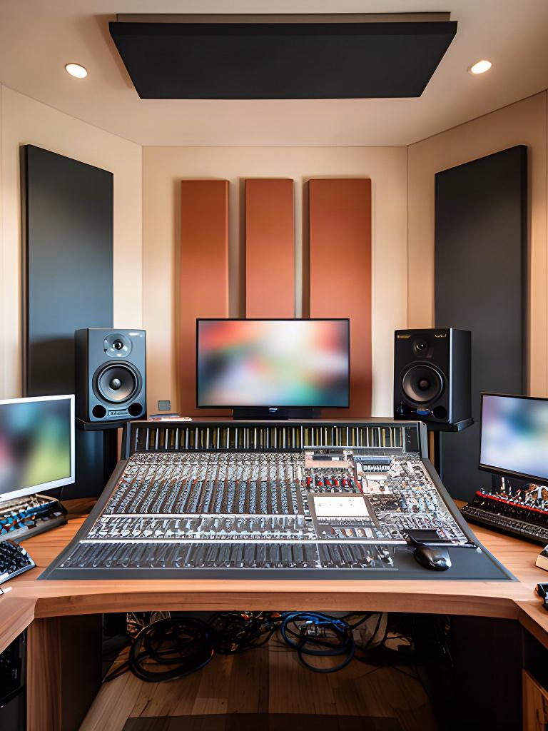 Interior de la sala de control con monitores Neumann, consola y superficies acústicas