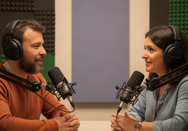 Dos personas conversando ante micrófonos en una sala de podcast con tratamiento acústico
