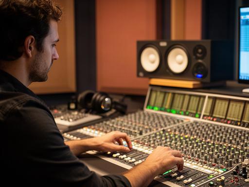 Productor ajustando una mezcla frente a una consola y monitores de estudio en Picanya