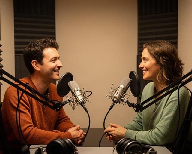 Dos personas conversando ante micrófonos en una cabina de podcast